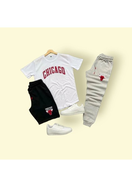 Chicago Baskılı Ünisex Yazlık Şort T-Shirt Eşofman Altı 3 Lü Set Combin Takım Gri modelleri