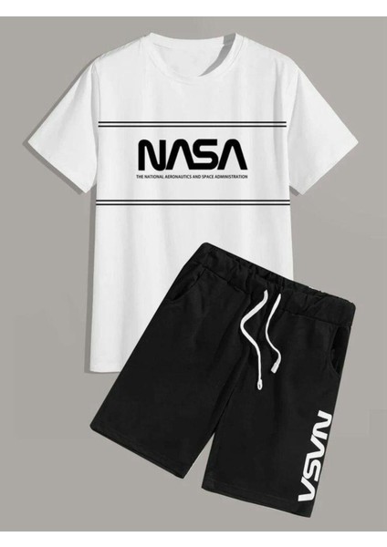 Unısex Nasa Çızgılı Baskılı Tişört Şort Takımı