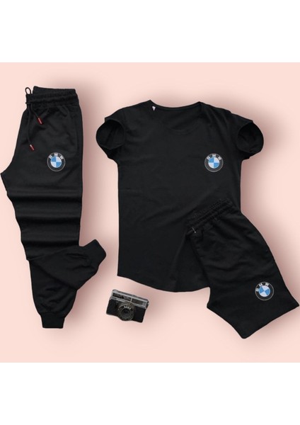Bmw Baskılı Original Ünisex Yazlık T-Shirt ve Eşofman Altı 3 Li Set Combin Takım