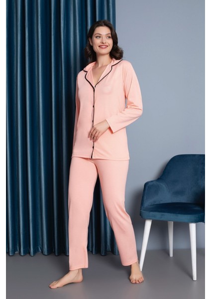 Kadın %100 Pamuk Uzun Kol Önden Düğmeli Pijama Takım