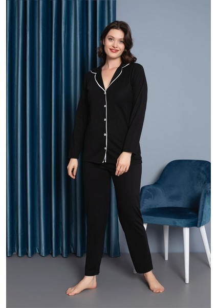 Kadın %100 Pamuk Uzun Kol Önden Düğmeli Pijama Takım