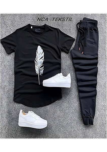 Tüy Baskılı Original Ünisex Yazlık T-Shirt ve Eşofman Altı 2 Li Set Combin Takım