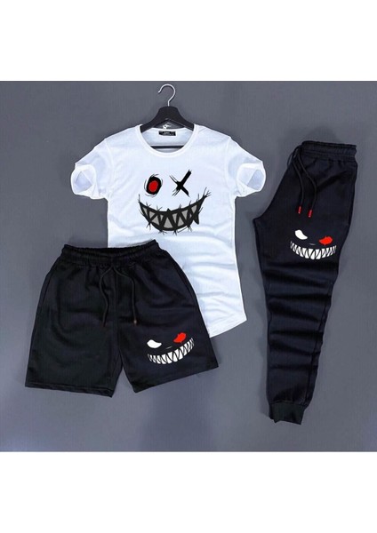 3'lü Unisex Kombin Smile Baskılı T-Shirt, Şort ve Eşorfman Kombin