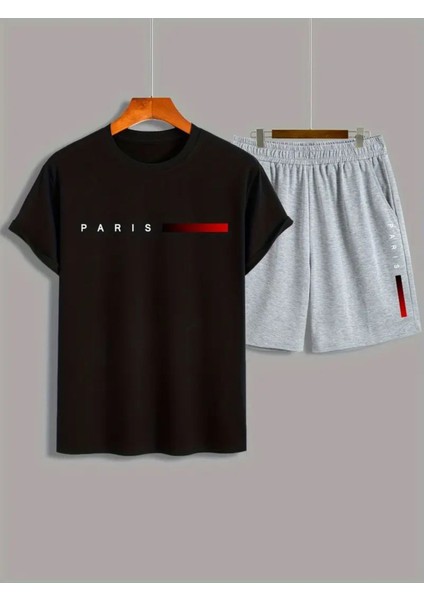 Oversize T-Shirt Paris Baskılı Ünisex Yazlık T-Shirt ve Şort 2 Li Set Combin Takım indirimleri