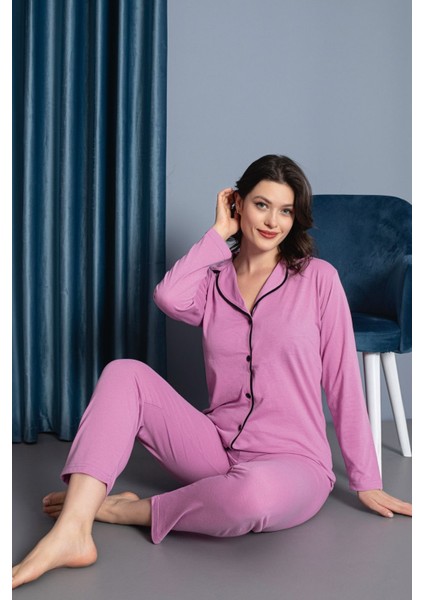 Kadın %100 Pamuk Uzun Kol Önden Düğmeli Pijama Takım