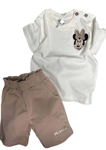 Kız Bebek Ördek Işlemeli Yazı Detaylı Kahverengi Şortlu Takım