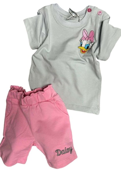 Kız Bebek Ördek Işlemeli Yazı Detaylı Pembe Şortlu Takım