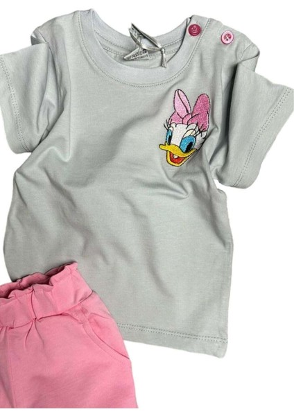 Kız Bebek Ördek Işlemeli Yazı Detaylı Pembe Şortlu Takım fiyatları