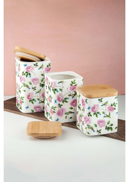 Pembe Gül ve Kuş 3 Lü Vakumlu Bambu Kapaklı Porselen Baharatlık