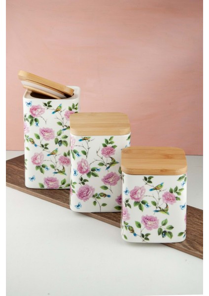 Pembe Gül ve Kuş 3 Lü Vakumlu Bambu Kapaklı Porselen Baharatlık fiyatları