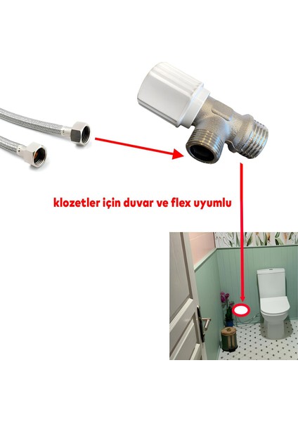 Taharet Musluğu Kumlamalı Çevirmeli Metal Rezervuar Ara Musluk Wc Klozet Alafranga Flex Bağlantı
