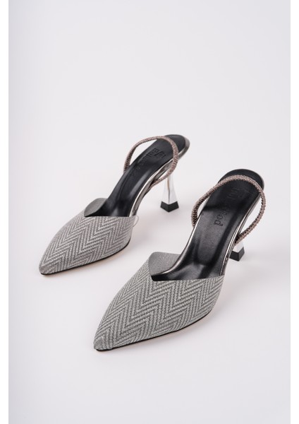 BA04567 Siyah Kadın Pul Simli Şeffaf Lastikli Abiye 9 cm Topuklu Ayakkabı