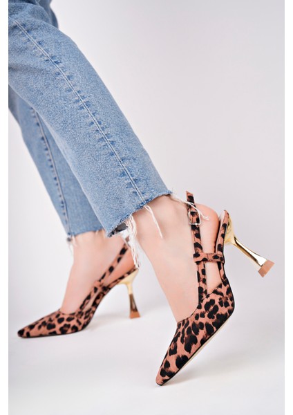 BA04566 Siyah Kadın Leopar Yanı Açık 9 cm Topuklu Ayakkabı