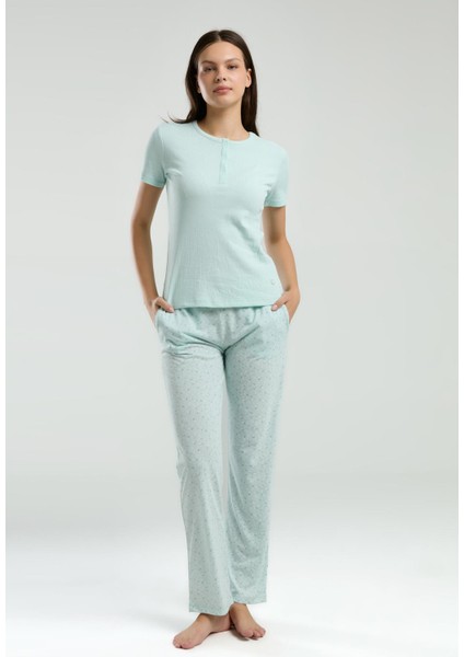 Düğmeli Yaka Kaşkorse Kadın Viskon Pijama Takım, Cep Detaylı