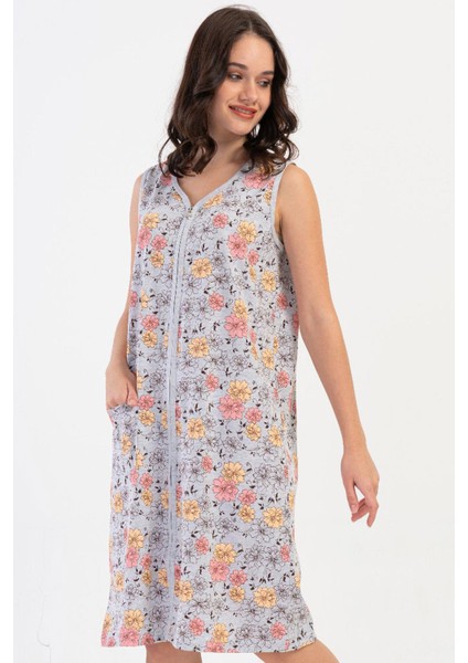Kadın Büyük Beden Geniş Askı Fermuarlı Gri Melanj Ev Elbisesi C4T9N1O804