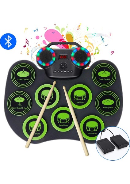Yeni Başlayanlar Için Elektronik Davul Seti – Bluetooth & Mıdı, Şarjlı, 9 Pedli, Katlanabilir Çocuklar Için Elektronik Davul