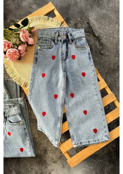 Kalp Işlemeli Cepli Kız Çocuk Kot pantolon - Açık Mavi