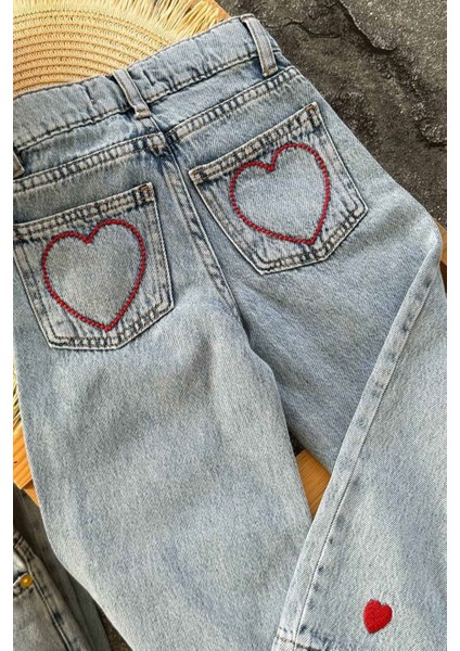Kalp Işlemeli Cepli Kız Çocuk Kot pantolon - Açık Mavi fiyatları