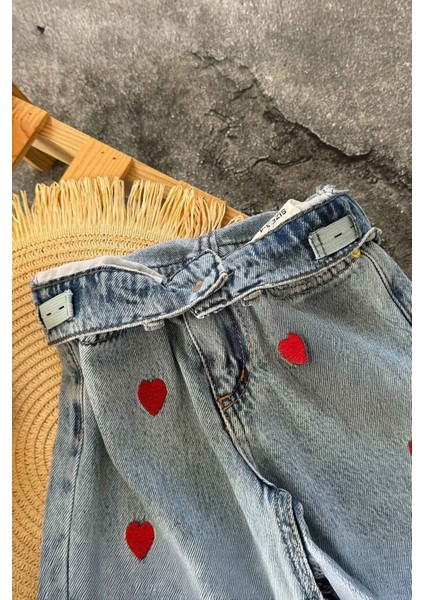 Kalp Işlemeli Cepli Kız Çocuk Kot pantolon - Açık Mavi modelleri
