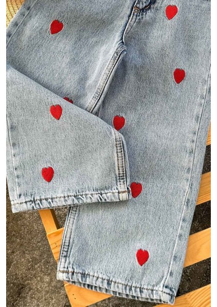 Kalp Işlemeli Cepli Kız Çocuk Kot pantolon - Açık Mavi fırsatları