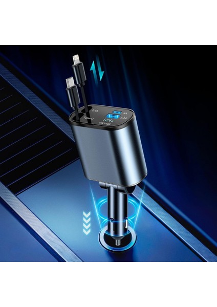 66W Dahili Çekilebilir Kablolu Type-C + Lightning Hızlı Araç Çakmaklık Şarj Aleti