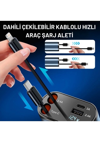 66W Dahili Çekilebilir Kablolu Type-C + Lightning Hızlı Araç Çakmaklık Şarj Aleti