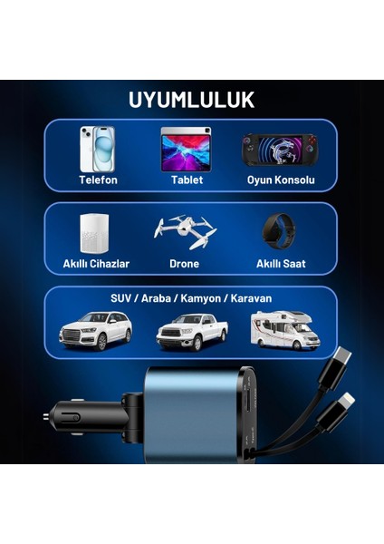 66W Dahili Çekilebilir Kablolu Type-C + Lightning Hızlı Araç Çakmaklık Şarj Aleti