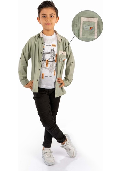 Çift Cepli Gömlek , Pantolon , T-Shirt 3parça Pamuklu Erkek Çocuk Takım MNK965