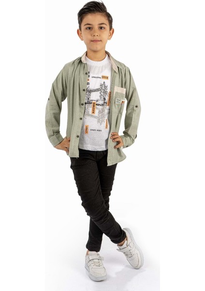 Çift Cepli Gömlek , Pantolon , T-Shirt 3parça Pamuklu Erkek Çocuk Takım MNK965
