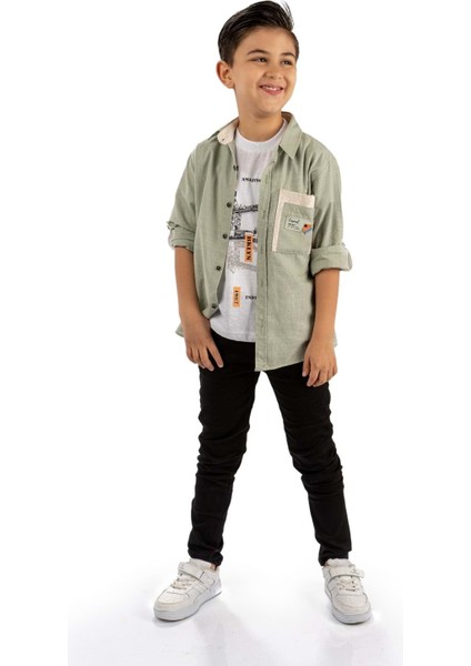 Çift Cepli Gömlek , Pantolon , T-Shirt 3parça Pamuklu Erkek Çocuk Takım MNK965