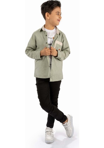 Çift Cepli Gömlek , Pantolon , T-Shirt 3parça Pamuklu Erkek Çocuk Takım MNK965