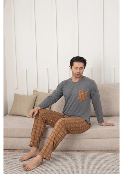 Erkek Penye Taba Uzun Kollu Altı Ekoseli Pijama Takımı