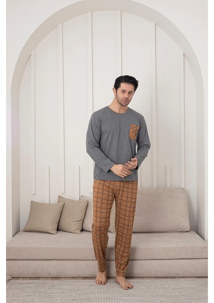 Erkek Penye Taba Uzun Kollu Altı Ekoseli Pijama Takımı