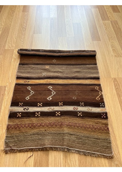 125 x 80 cm bohem Stili Çizgili Halı, Kahverengi Tonlarında Yün Kilim, Şık ve Sıcak Halı, El Dokuma Harika Vintage Kilim fırsatları