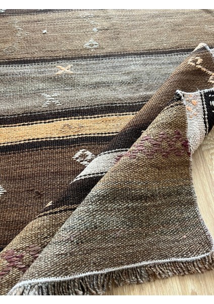 125 x 80 cm bohem Stili Çizgili Halı, Kahverengi Tonlarında Yün Kilim, Şık ve Sıcak Halı, El Dokuma Harika Vintage Kilim indirimleri