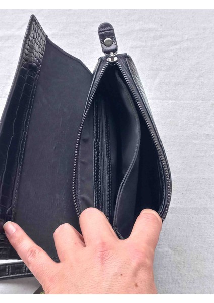West Polo Croco Timsah Siyah Hakiki Deri El Çantası