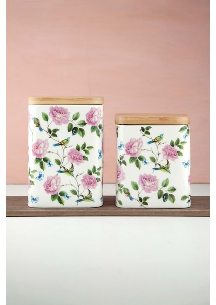 Pembe Gül ve Kuş 2 Boy Vakumlu Bambu Kapaklı Porselen Baharatlık