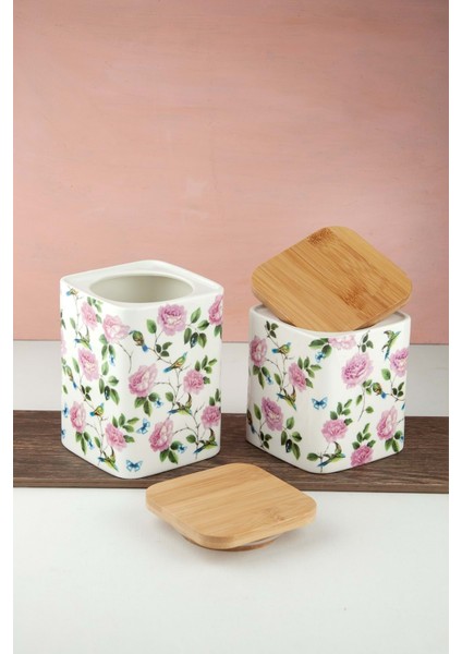 Pembe Gül ve Kuş 2 Boy Vakumlu Bambu Kapaklı Porselen Baharatlık fiyatları