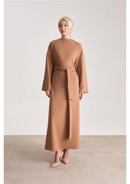 Örme Beli Çift Bağlamalı Elbise ORT9727 Camel