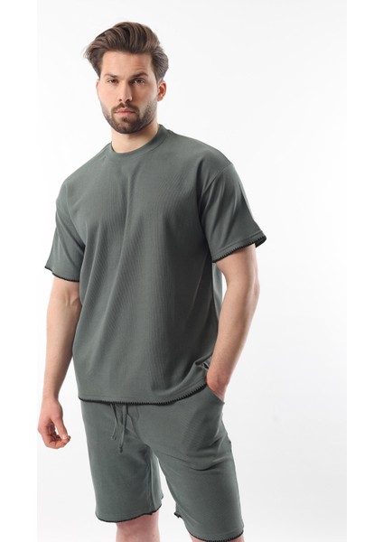 Haki Nakış Detaylı Erkek Şort T-Shirt Takım E7305