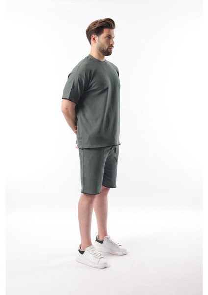 Haki Nakış Detaylı Erkek Şort T-Shirt Takım E7305