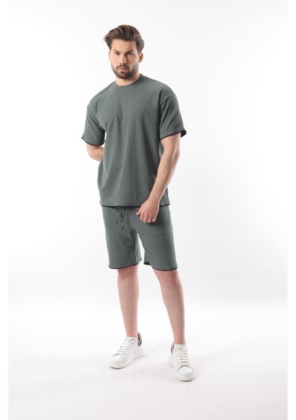 Haki Nakış Detaylı Erkek Şort T-Shirt Takım E7305