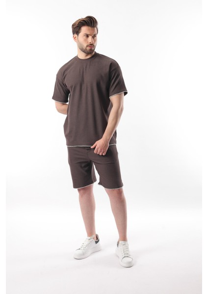 Kahverengi Nakış Detaylı Erkek Şort T-Shirt Takım E7305