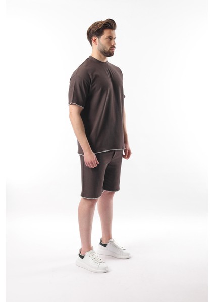 Kahverengi Nakış Detaylı Erkek Şort T-Shirt Takım E7305 modelleri