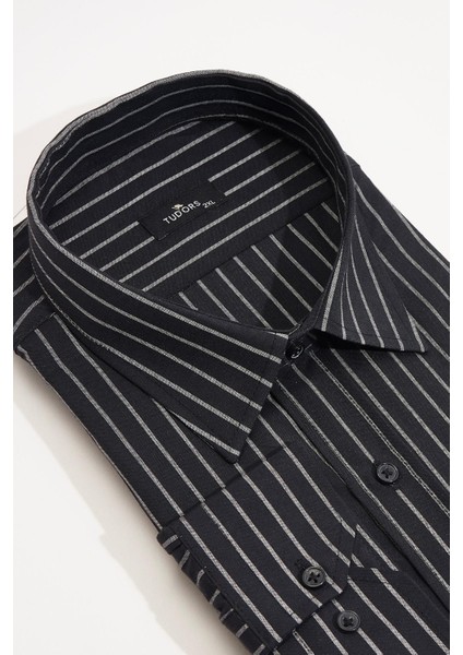 Erkek Big Size Büyük Beden Kravatlık Yaka Çizgili Tek Cepli Mavi Gömlek