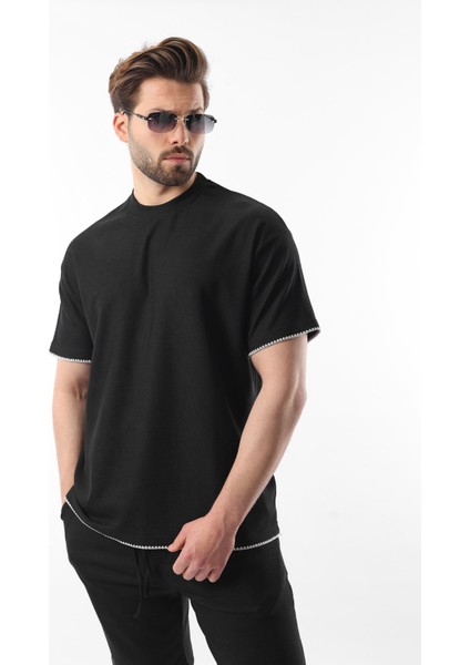 Siyah Nakış Detaylı Erkek Şort T-Shirt Takım E7305