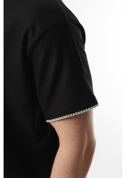 Siyah Nakış Detaylı Erkek Şort T-Shirt Takım E7305