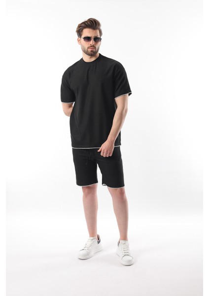 Siyah Nakış Detaylı Erkek Şort T-Shirt Takım E7305