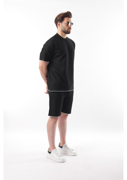 Siyah Nakış Detaylı Erkek Şort T-Shirt Takım E7305