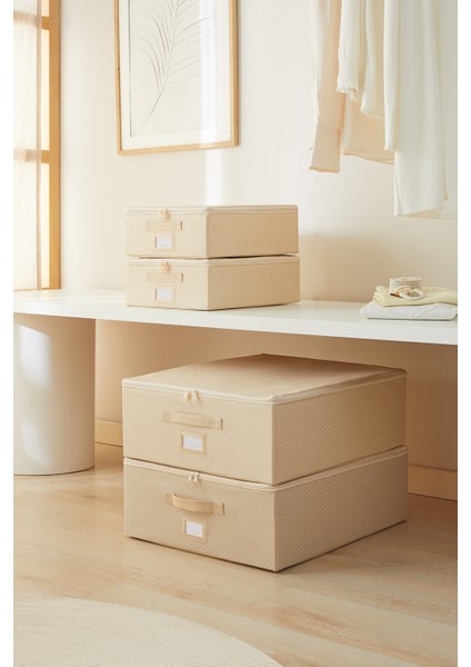 4'lü Bej Balıksırtı Destekli Hurç Set 2 Adet 31 x 38 x 12 + 45 x 55 x 18 cm